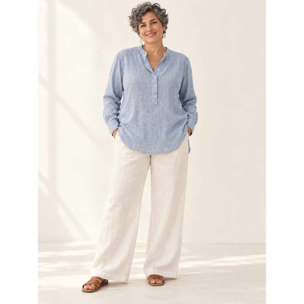 Boho Coastal Minimalist Light Blue RollTab Long Sleeve Henley Cotton Tunic Top